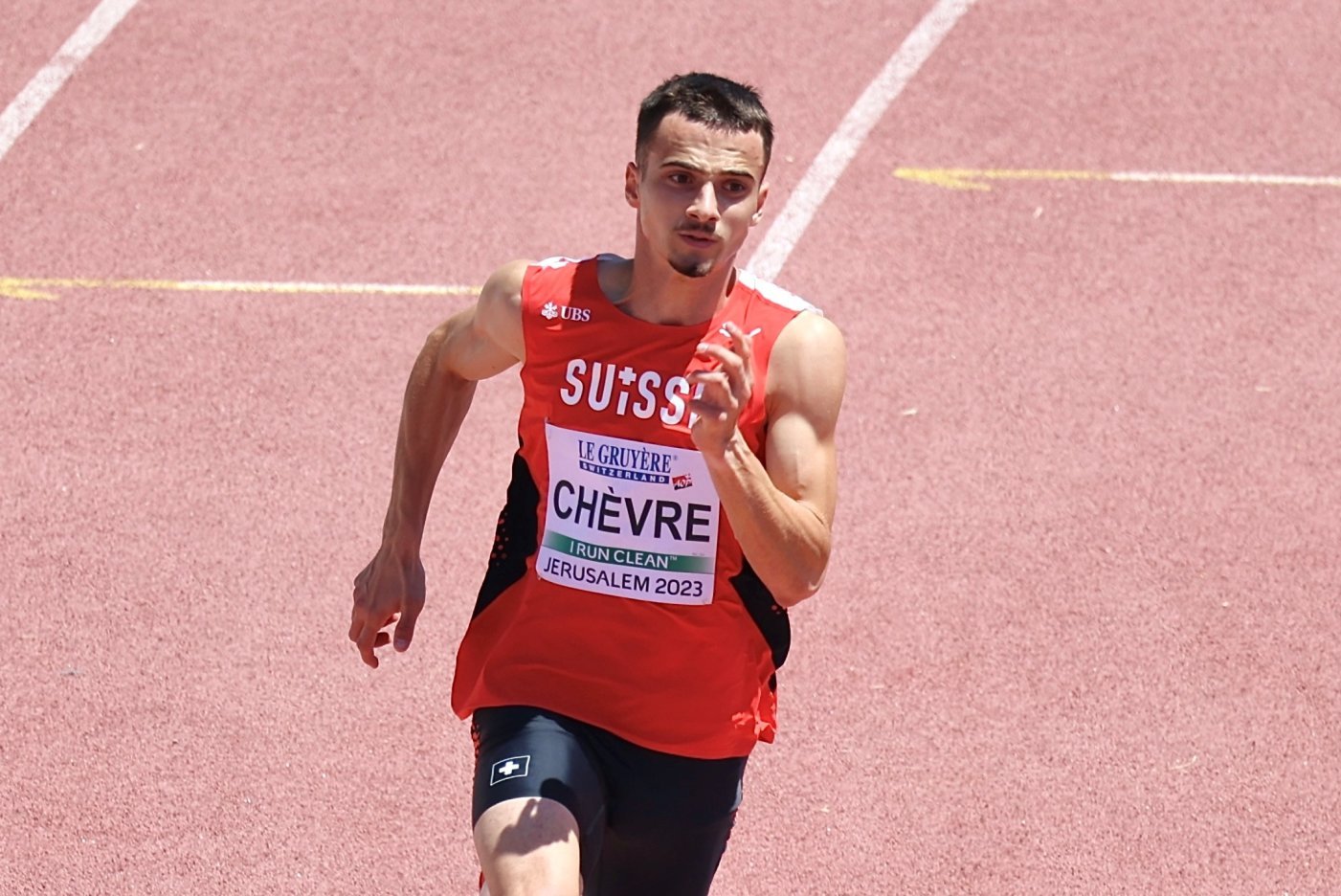 Mathieu Chèvre a été sacré champion d'Europe junior du 4x100m avec ses coéquipiers de l'équipe de Suisse, le 10 août 2023 à Jérusalem.