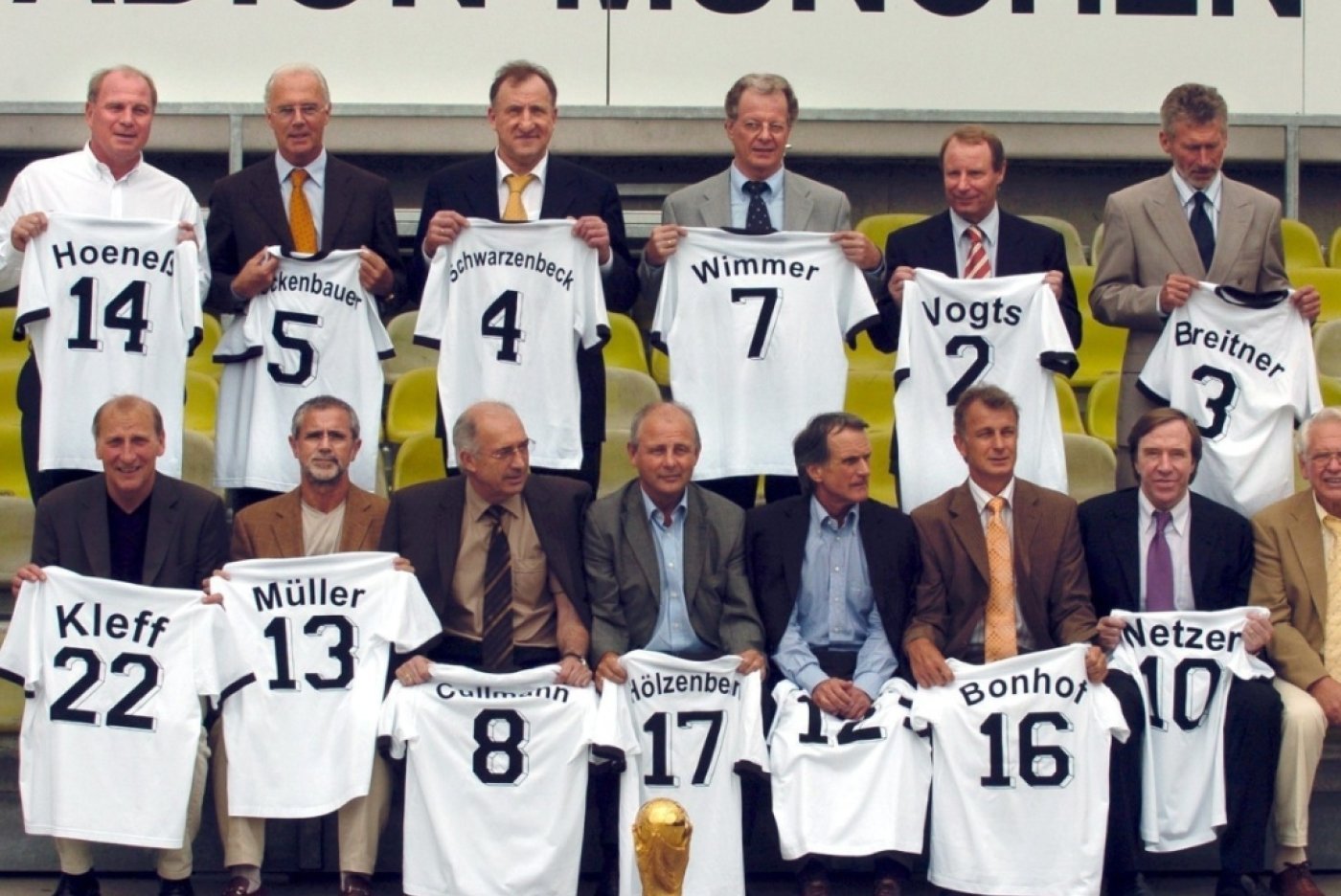 Bernd Hölzenbein et les Allemands vainqueurs de la Coupe du monde 1974 lors d'une réunion en 2004 KEYSTONE