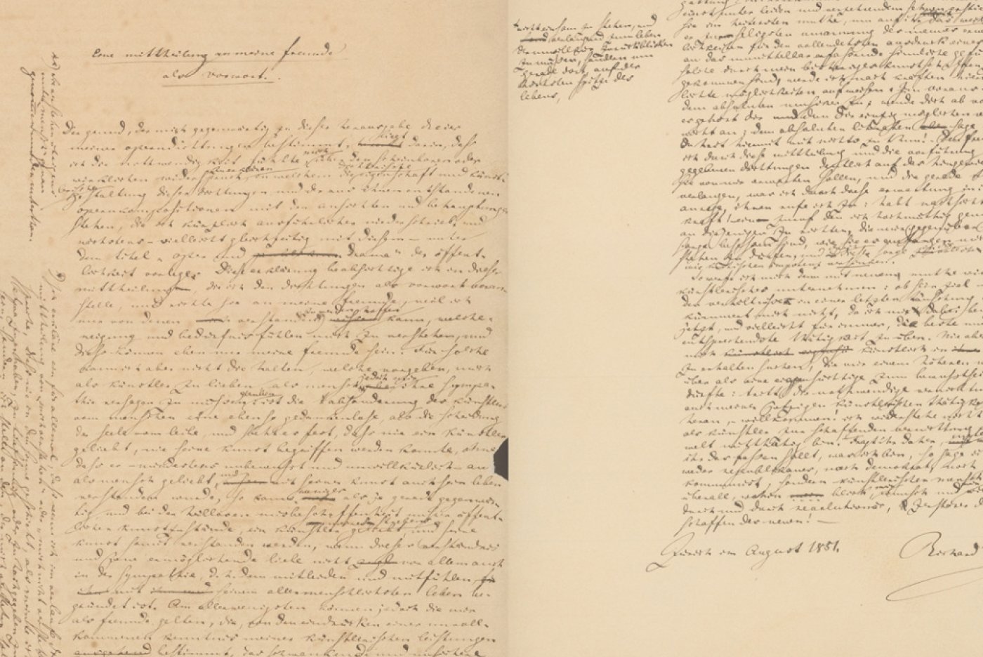 Le manuscrit "Eine Mitteilung an meine Freunde" a été rédigé par Richard Wagner en 1851 à Zurich. Zentralbibliothek Zurich.