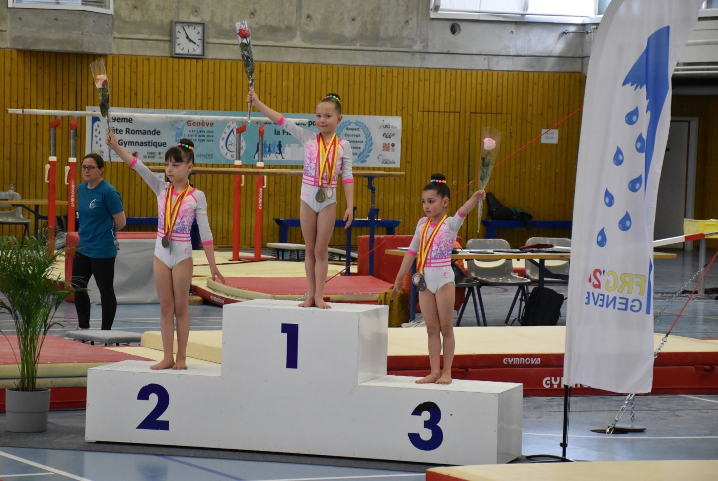 Gymnastique - Artistique, Championnat romand intégré à la Fête romande. Le podium de la catégorie PP avec, à gauche, Melina Gianfreda (2e).