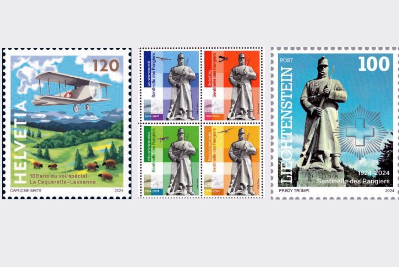 Le timbre sorti hier (à gauche) pour marquer les 100 ans du vol postal La Caquerelle-Lausanne, un bloc de quatre vignettes édité par les organisateurs de l’événement du 31 août à La Caquerelle (au centre) et un des trois timbres consacrés à cette commémoration émis au Liechtenstein (à droite).