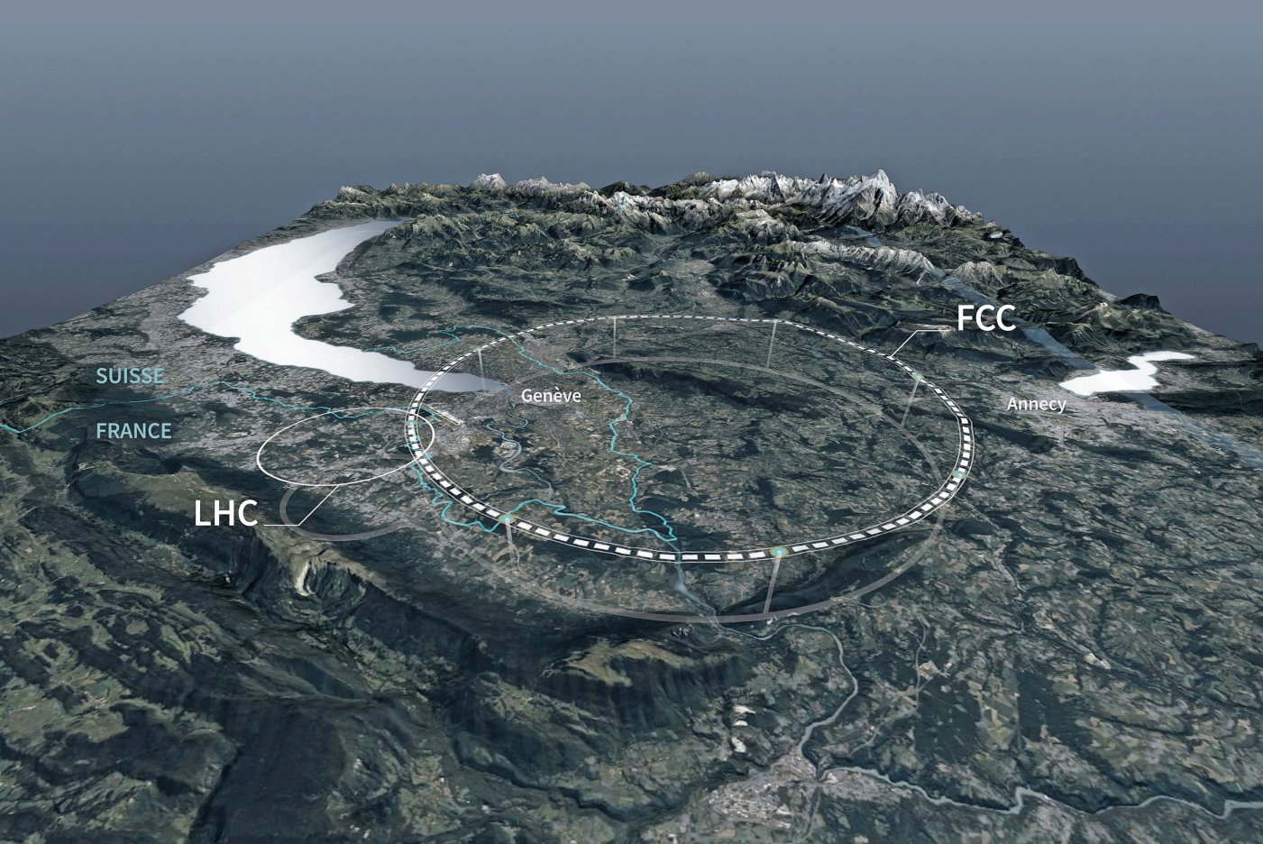 La circonférence prévue du nouveau collisionneur FCC serait trois fois plus importante que celle de l’actuel LHC.