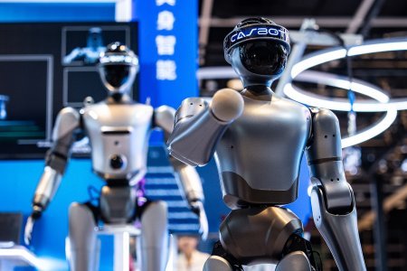 A humanoid robot showcased at an exhibition in Hong Kong on Monday, April 13, 2026. (AP Photo/ Chan Long Hei)